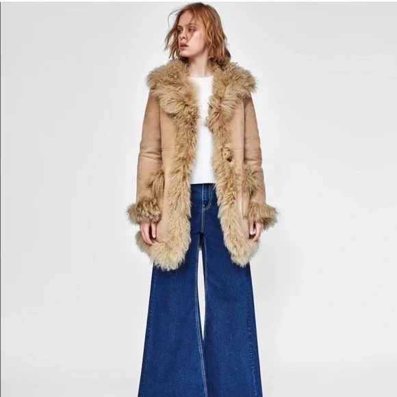 Zara NTW Women's Tan Genuine suede/ Shearling fur Coat - Picture 4 of 12